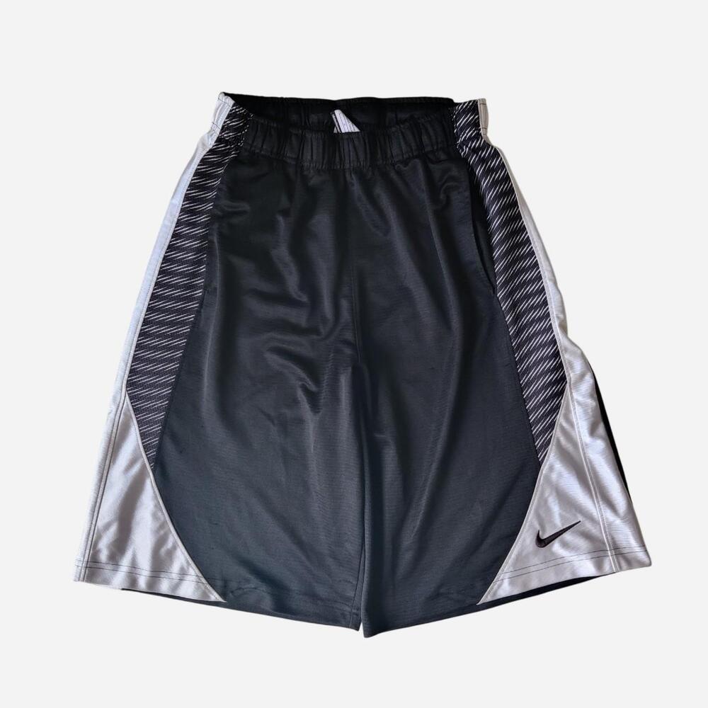 Nike black & gray basketball shorts with diagonal stripes on the sides